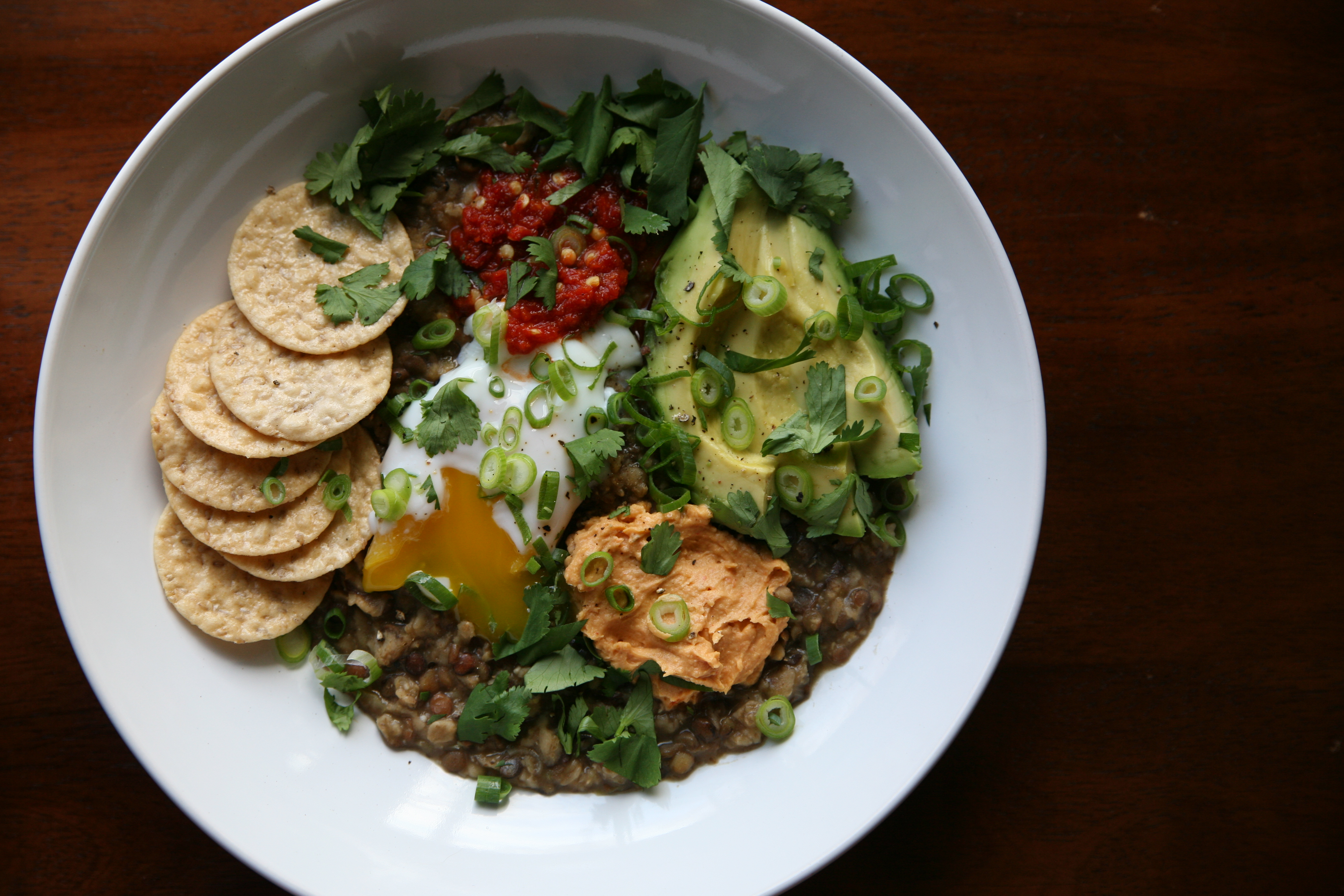 Savory Oatmeal with Lentils, Avocado and Poached Egg | BourbonandHoney.com