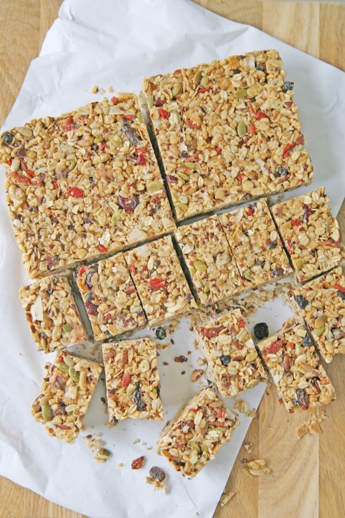 Fruit and Nut Granola Bars | BourbonandHoney.com -- Super easy no bake grab and go granola bars full of nuts, seeds and dried fruit. A great snack or quick breakfast recipe!