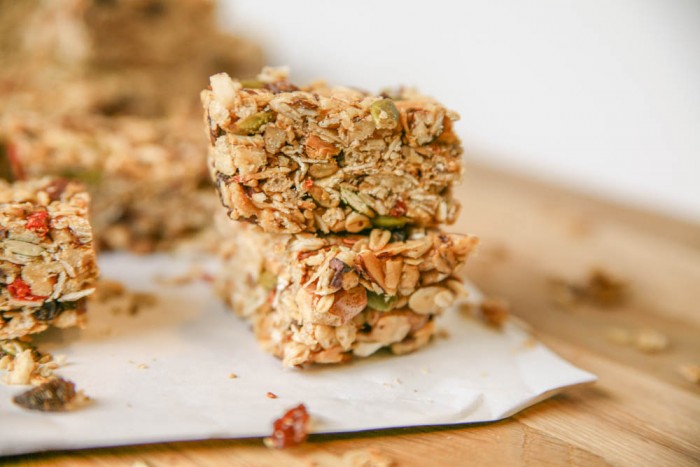 Fruit and Nut Granola Bars | BourbonandHoney.com -- Super easy no bake grab and go granola bars full of nuts, seeds and dried fruit. A great snack or quick breakfast recipe!
