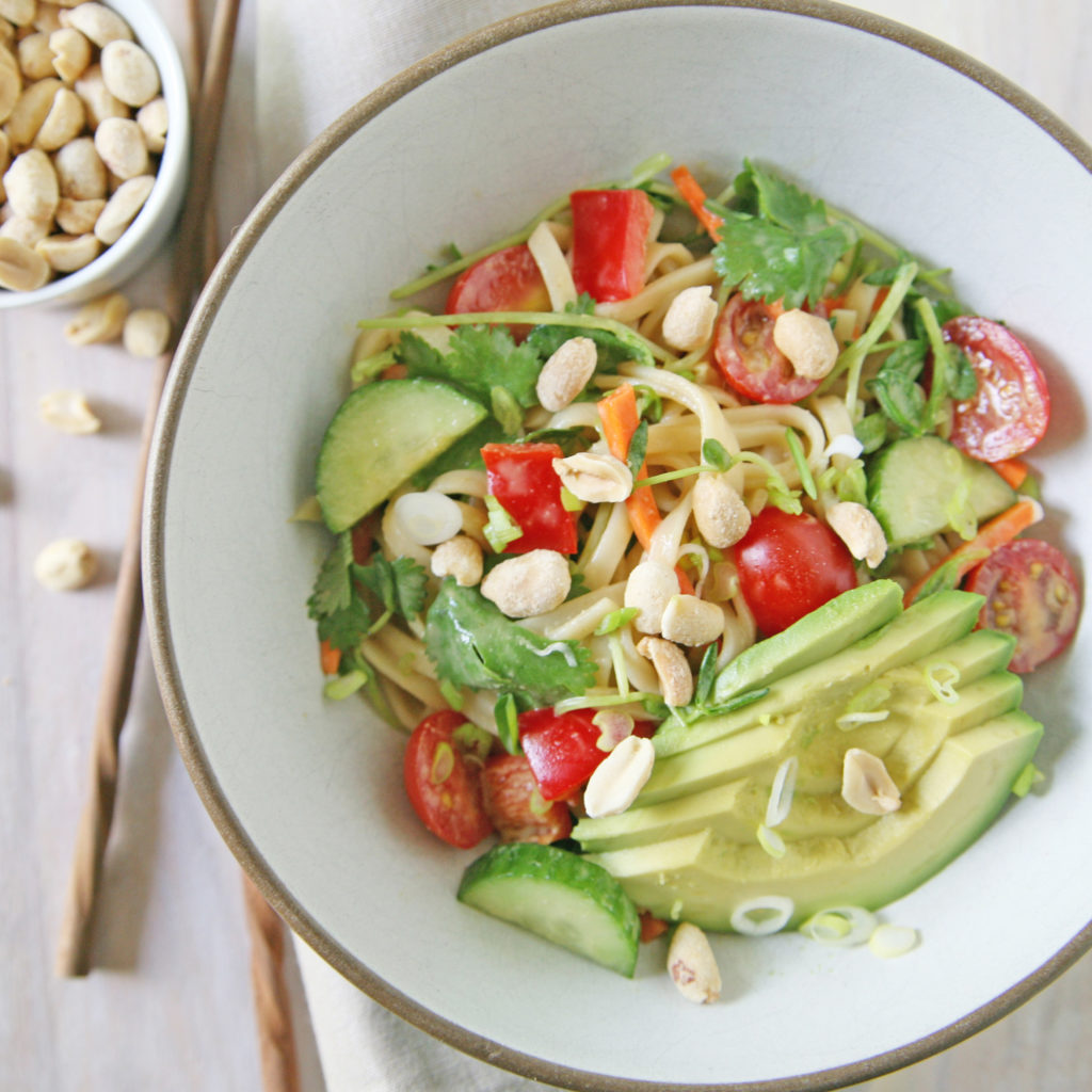 Udon Noodle Salad with Spicy Peanut Dressing | BourbonAndHoney.com