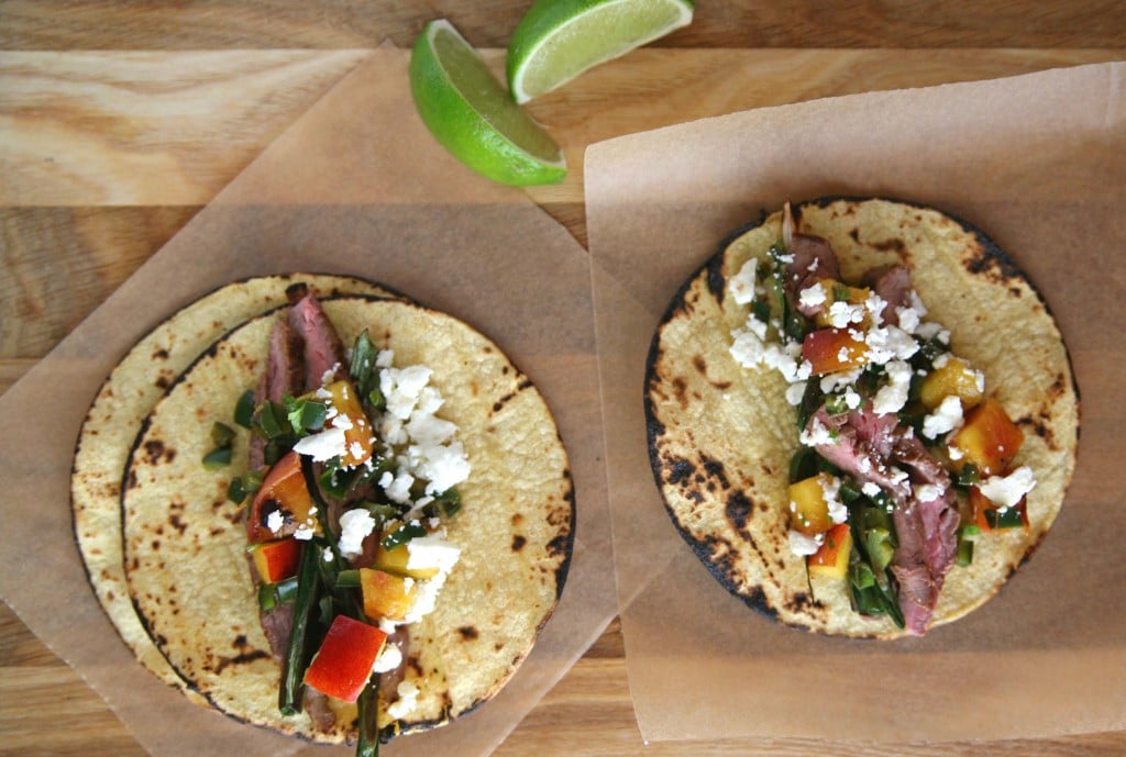 Flank Steak Tacos with Peach Salsa | BourbonAndHoney.com