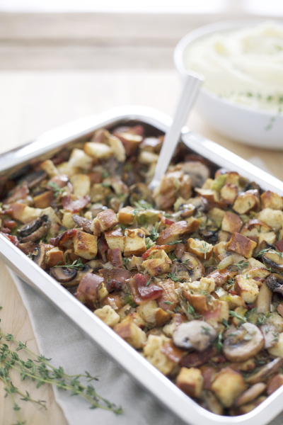 Pretzel Bread Stuffing with Bacon, Leeks and Mushrooms | BourbonAndHoney.com