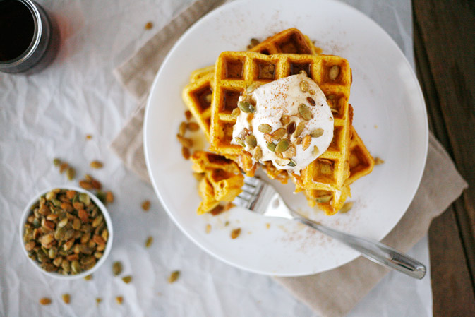 Pumpkin Spice Waffles with Maple Cream and Pepitas | BourbonAndHoney