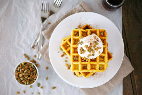 Pumpkin Spice Waffles with Maple Cream and Pepitas | BourbonAndHoney