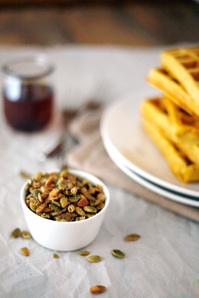 Pumpkin Spice Waffles with Maple Cream and Pepitas | BourbonAndHoney