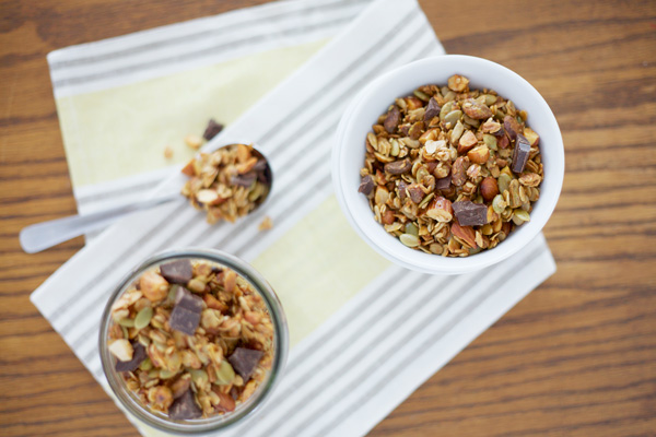 Honey and Dark Chocolate Granola | BourbonandHoney.com -- Crunchy, sweet and chocolaty, this Honey and Dark Chocolate Granola recipe is perfect for breakfast, a snack or even dessert.