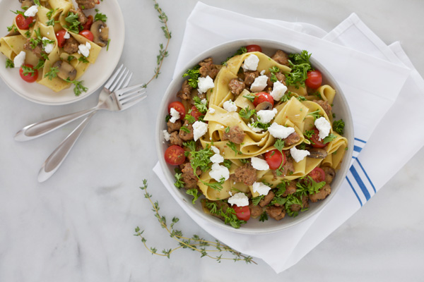 Pappardelle Pasta with Sausage and Goat Cheese | BourbonandHoney.com