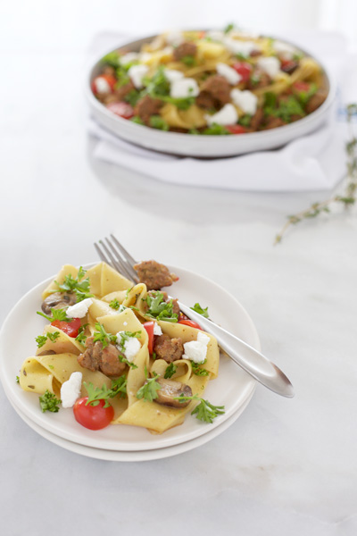 Pappardelle Pasta with Sausage and Goat Cheese | BourbonandHoney.com