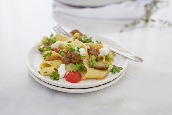 Pappardelle Pasta with Sausage and Goat Cheese | BourbonandHoney.com