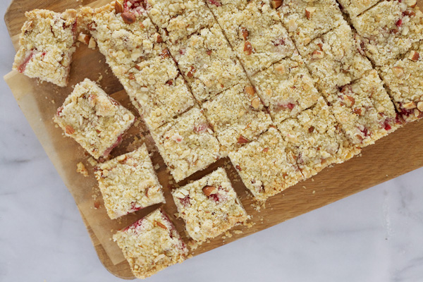 Raspberry Rhubarb Crumb Bars | BourbonAndHoney.com