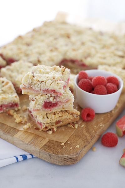 Raspberry Rhubarb Crumb Bars | BourbonAndHoney.com