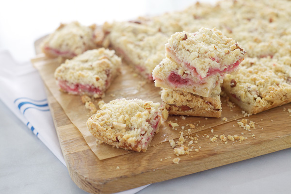 Raspberry Rhubarb Crumb Bars | BourbonAndHoney.com