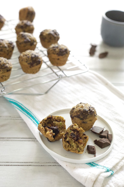 Mini Chocolate Chip Zucchini Banana Muffins | BourbonandHoney.com