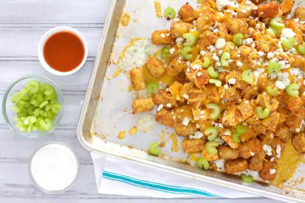 Buffalo Chicken Tater Tot Nachos | BourbonAndHoney.com