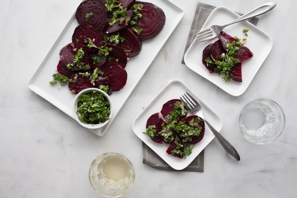 Roasted Beets with Chimichurri | BourbonandHoney.com -- A fresh Chimichurri brightens up the deep earthy flavor of the tender beets to create a flavorful side dish.