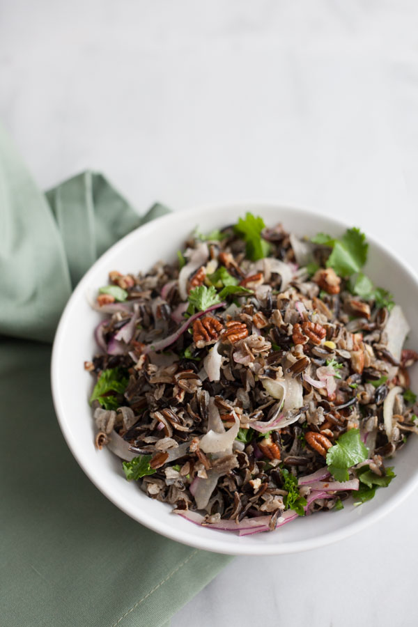 Wild Rice Salad with Pecans | BourbonandHoney.com -- This hearty wild rice salad is nutty, citrusy, fresh and delicious. It's a great winter weather side dish!