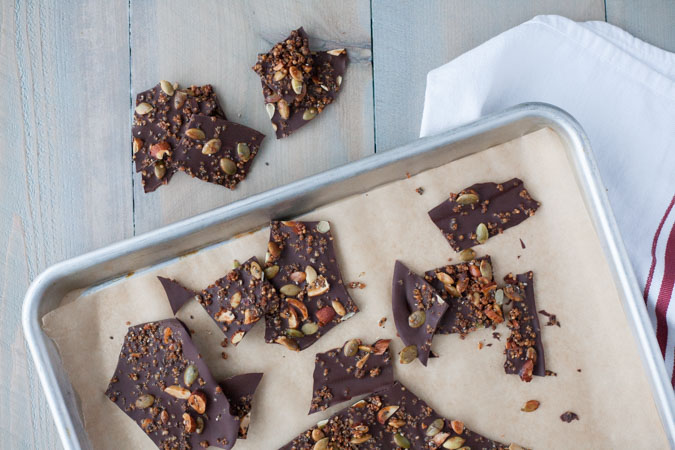 Crispy Quinoa Chocolate Bark | BourbonandHoney.com -- Crispy and crunchy this quinoa chocolate bark is sweet, salty and totally snackable!