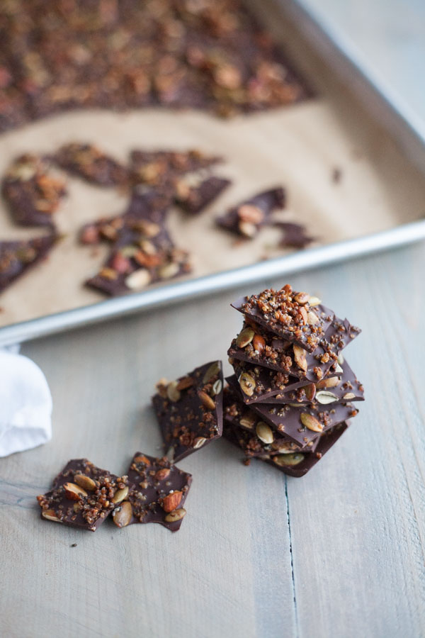 Crispy Quinoa Chocolate Bark | BourbonandHoney.com -- Crispy and crunchy this quinoa chocolate bark is sweet, salty and totally snackable!