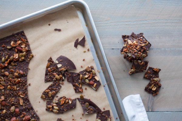 Crispy Quinoa Chocolate Bark | BourbonandHoney.com -- Crispy and crunchy this quinoa chocolate bark is sweet, salty and totally snackable!