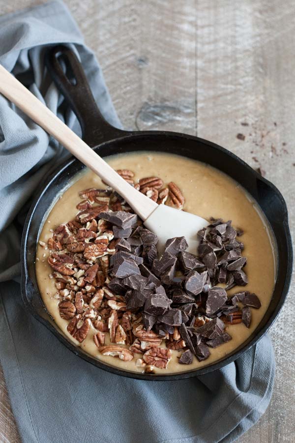 Bourbon and Honey Brown Butter Chocolate Chunk Skillet Cookie | BourbonandHoney.com -- This over-the-top Brown Butter Chocolate Chunk Skillet Cookie is spiked with Bourbon and Honey and perfect for celebrating!