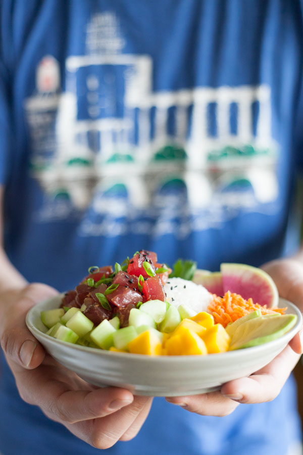 Ahi Tuna Poke Rice Bowl | BourbonandHoney.com -- This Ahi Tuna Poke Rice Bowl is straight from Hawaii! It's packed with fresh toppings and lots of tender tuna for a healthy, flavorful bowl.