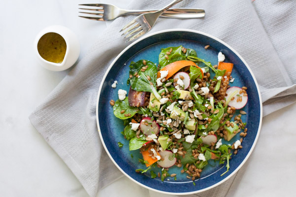 Carrot, Radish and Wheat Berry Salad with Lemon Vinaigrette | BourbonandHoney.com -- Fresh, citrusy and packed with veggies, this Wheat Berry Salad with Lemon Vinaigrette is the perfect light and filling summer salad.