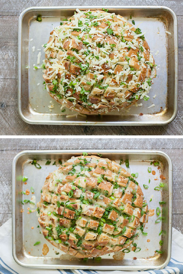 Cheesy Pull-Apart Garlic Bread | BourbonandHoney.com -- This over-the-top Cheesy Pull-Apart Garlic Bread is super cheesy, garlicky and totally delicious! Make it as a side with dinner or as a tasty appetizer.