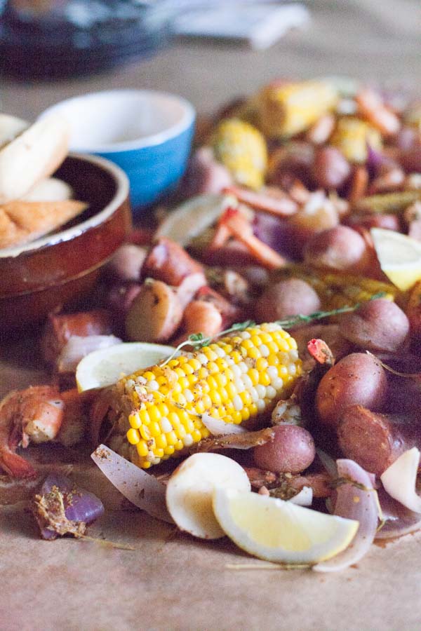 Easy Shrimp Boil | BourbonandHoney.com -- This quick and Easy Shrimp Boil is a flavorful one-pot meal fit for a crowd! It's packed with potatoes, corn, shrimp and sausage.