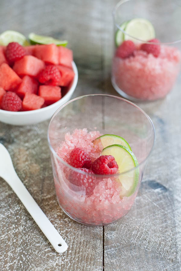 Watermelon Rosé Granita | BourbonandHoney.com -- Frosty, fruity and delicious, this Raspberry Watermelon Rosé Granita is the perfect happy hour or hot summer evening cocktail.