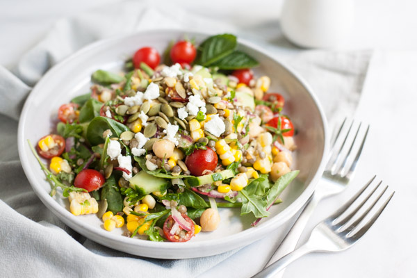 Summer Chickpea and Lentil Salad | BourbonandHoney.com -- Fresh, flavorful and packed with protein, this Summer Chickpea and Lentil Salad is a great way to enjoy the bounty of summer veggies!