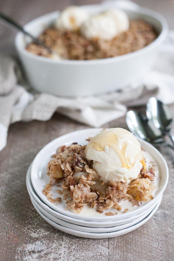 Bourbon and Honey Apple Crisp | BourbonandHoney.com -- Slightly sweet, delicious and totally comforting this easy Bourbon and Honey Apple Crisp is the perfect cold weather dessert!