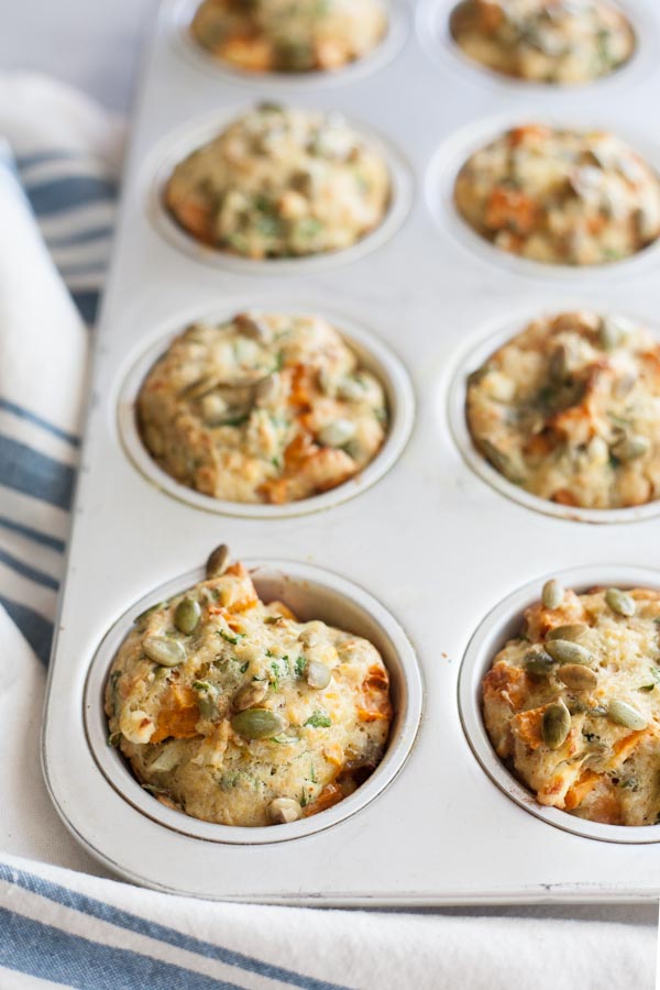 Spinach Feta and Sweet Potato Muffins | BourbonandHoney.com -- Hearty, savory and quick to make, these Spinach, Feta and Sweet Potato Muffins are a great make-ahead brunch or veggie packed snack.