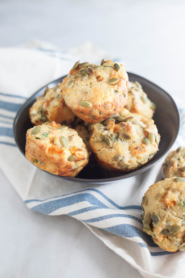 Spinach Feta and Sweet Potato Muffins | BourbonandHoney.com -- Hearty, savory and quick to make, these Spinach, Feta and Sweet Potato Muffins are a great make-ahead brunch or veggie packed snack.