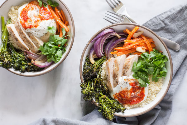 Moroccan Chicken Couscous Bowls | BourbonandHoney.com -- Spicy, quick and easy these Moroccan Chicken Couscous Bowls are the perfect flavorful weeknight dinner or hearty weekend lunch.