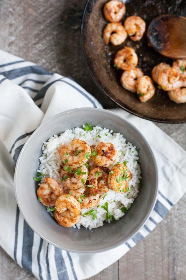 15-Minute Spicy Shrimp and Rice | BourbonandHoney.com -- This super simple 15-minute spicy shrimp and rice is one of the best last minute dinner recipes around! Bonus, it's even gluten free!