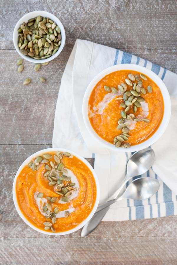 Creamy Thai Curry Butternut Squash Soup | BourbonandHoney.com -- This super easy creamy Thai curry butternut squash soup is comforting, coconutty and delicious! Bonus, it's gluten free and vegan!