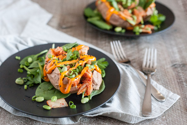 Kimchi Stuffed Baked Sweet Potatoes | BourbonandHoney.com -- These simple Spicy Kimchi Stuffed Baked Sweet Potatoes are a fun and flavorful veggie packed dinner or desk lunch recipe!