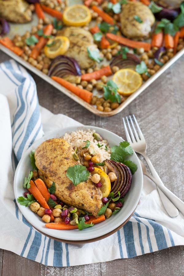 Sheet Pan Moroccan Spiced Chicken | BourbonandHoney.com -- This super easy Sheet Pan Moroccan Spiced Chicken recipe is a dinner win! It's fresh, quick and flavorful enough to get your out of a recipe rut!