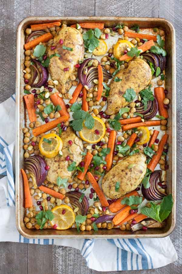 Sheet Pan Moroccan Spiced Chicken | BourbonandHoney.com -- This super easy Sheet Pan Moroccan Spiced Chicken recipe is a dinner win! It's fresh, quick and flavorful enough to get your out of a recipe rut!