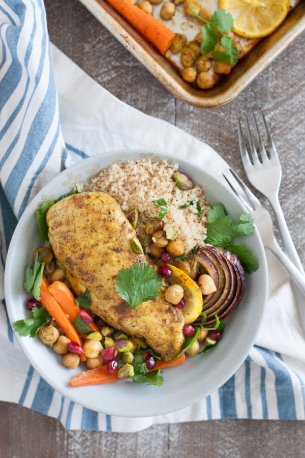 Sheet Pan Moroccan Spiced Chicken | BourbonandHoney.com -- This super easy Sheet Pan Moroccan Spiced Chicken recipe is a dinner win! It's fresh, quick and flavorful enough to get your out of a recipe rut!