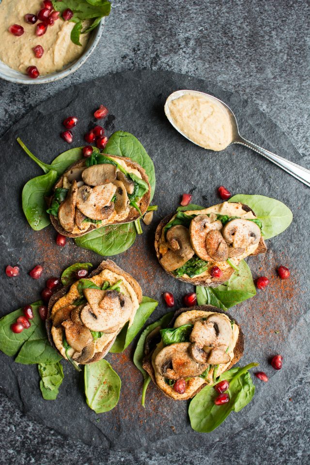 Mushroom Crostini with Harissa Hummus | Lauren Caris Cooks