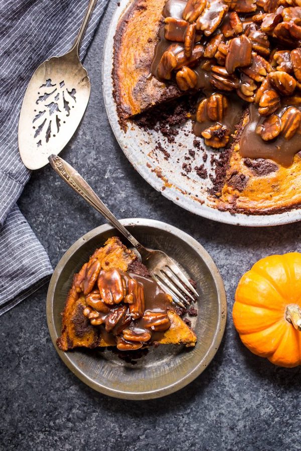 Bourbon Brownie Pumpkin Pie | Girl in the Little Red Kitchen