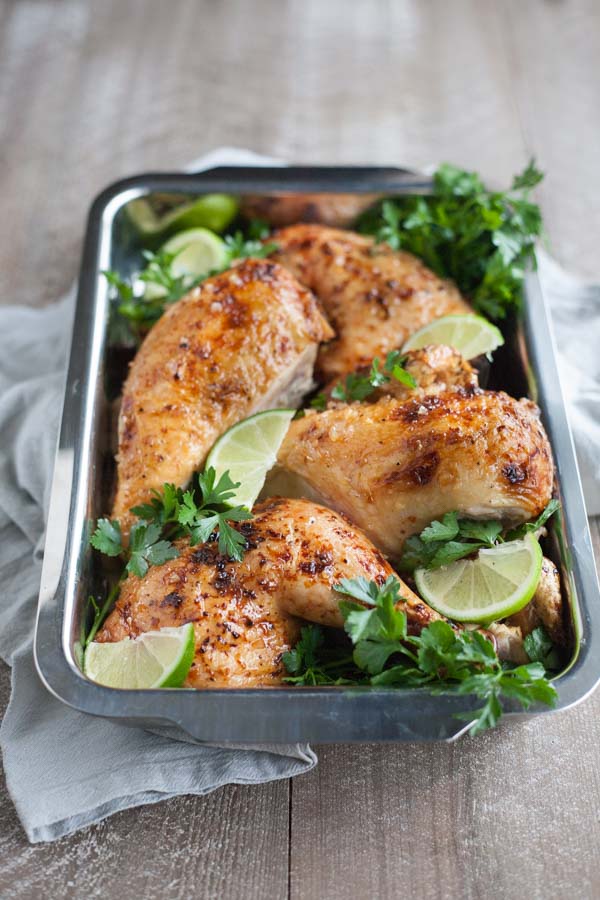 Bourbon and Honey Roasted Spatchcock Chicken | BourbonandHoney.com -- Sweet, subtly boozy and super easy, this Bourbon and Honey Roasted Spatchcock Chicken is the perfect roast chicken recipe for a crowd!