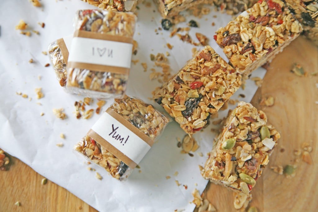 Fruit and Nut Granola Bars | BourbonandHoney.com -- Super easy no bake grab and go granola bars full of nuts, seeds and dried fruit. A great snack or quick breakfast recipe!