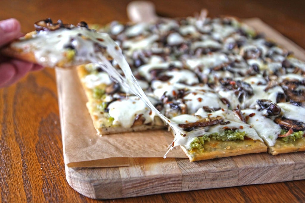 Garlic Scape Pesto and Mushroom Pizza | BourbonAndHoney.com