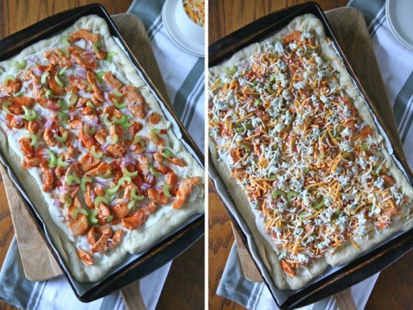 Buffalo Chicken Pizza | BourbonAndHoney.com -- A spicy buffalo chicken pizza topped with layers of cheese. The perfect dinner for buffalo wing lovers or appetizer for a crowd on game day.