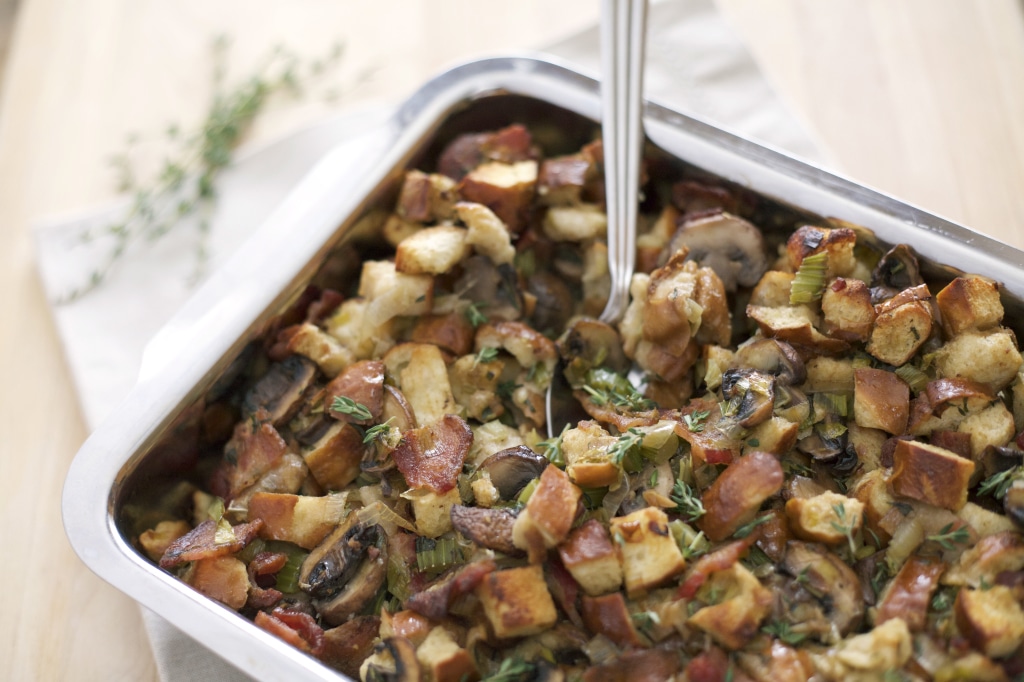 Pretzel Bread Stuffing with Bacon, Leeks and Mushrooms | BourbonAndHoney.com