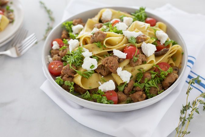 Pappardelle Pasta with Sausage and Goat Cheese | BourbonandHoney.com