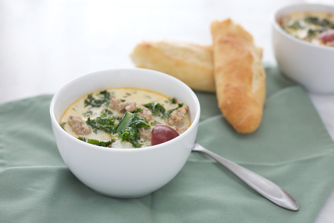 Spicy Sausage, Potato, and Kale Soup | BourbonandHoney.com