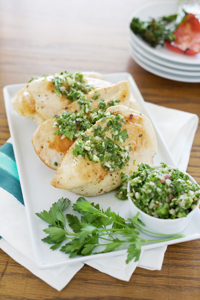 Grilled Chicken with Chimichurri | BourbonAndHoney.com -- Garlic, herbs and a little bit of spice make this Grilled Chicken with Chimichurri sauce quick, easy and delicious!